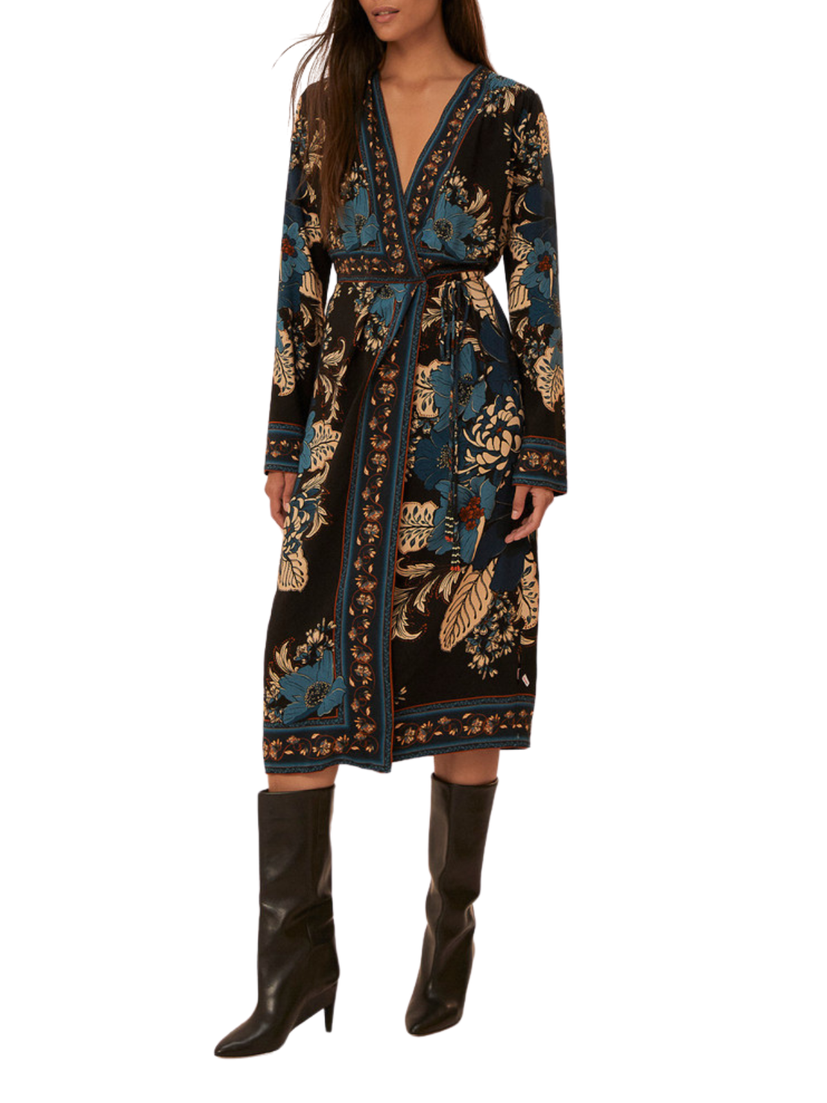 blossom tapestry black midi dress FARM Rio Blossom Tapestry floral-print button-front Midi Dress | Black