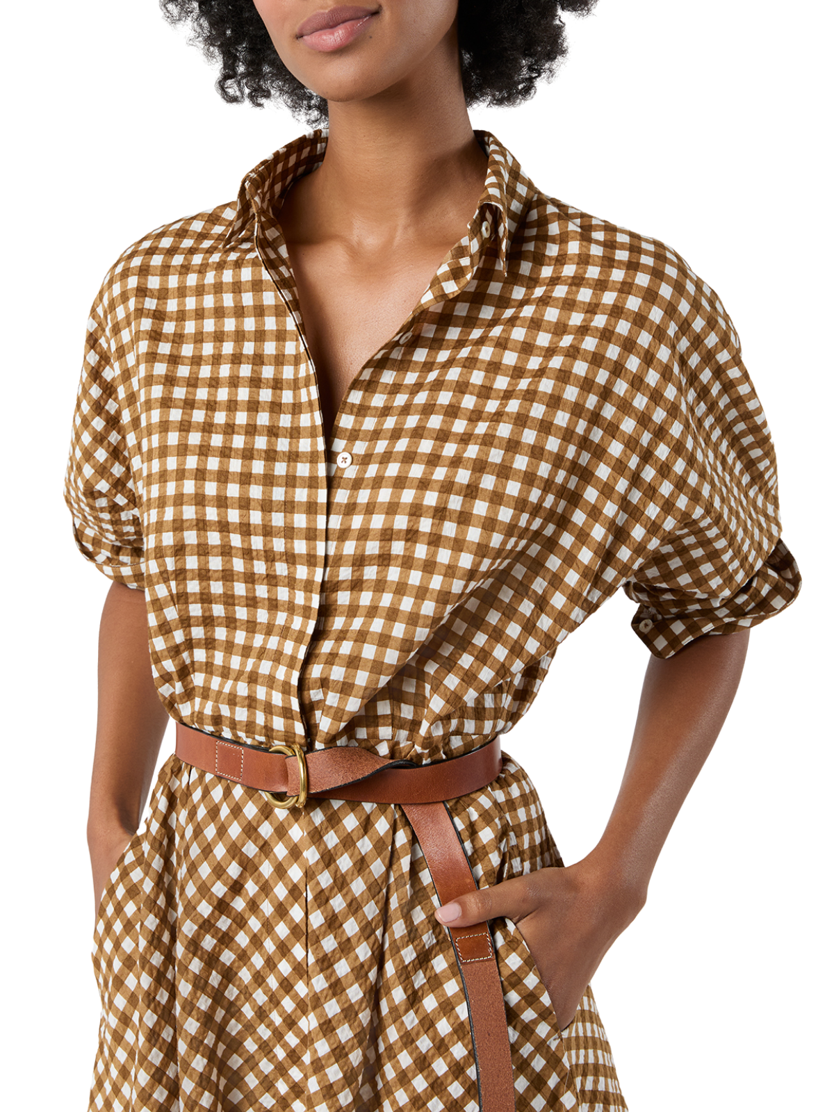 Charlie Shirtwaist Dress in Tobacco/Ivory Gingham Crinkle Cotton