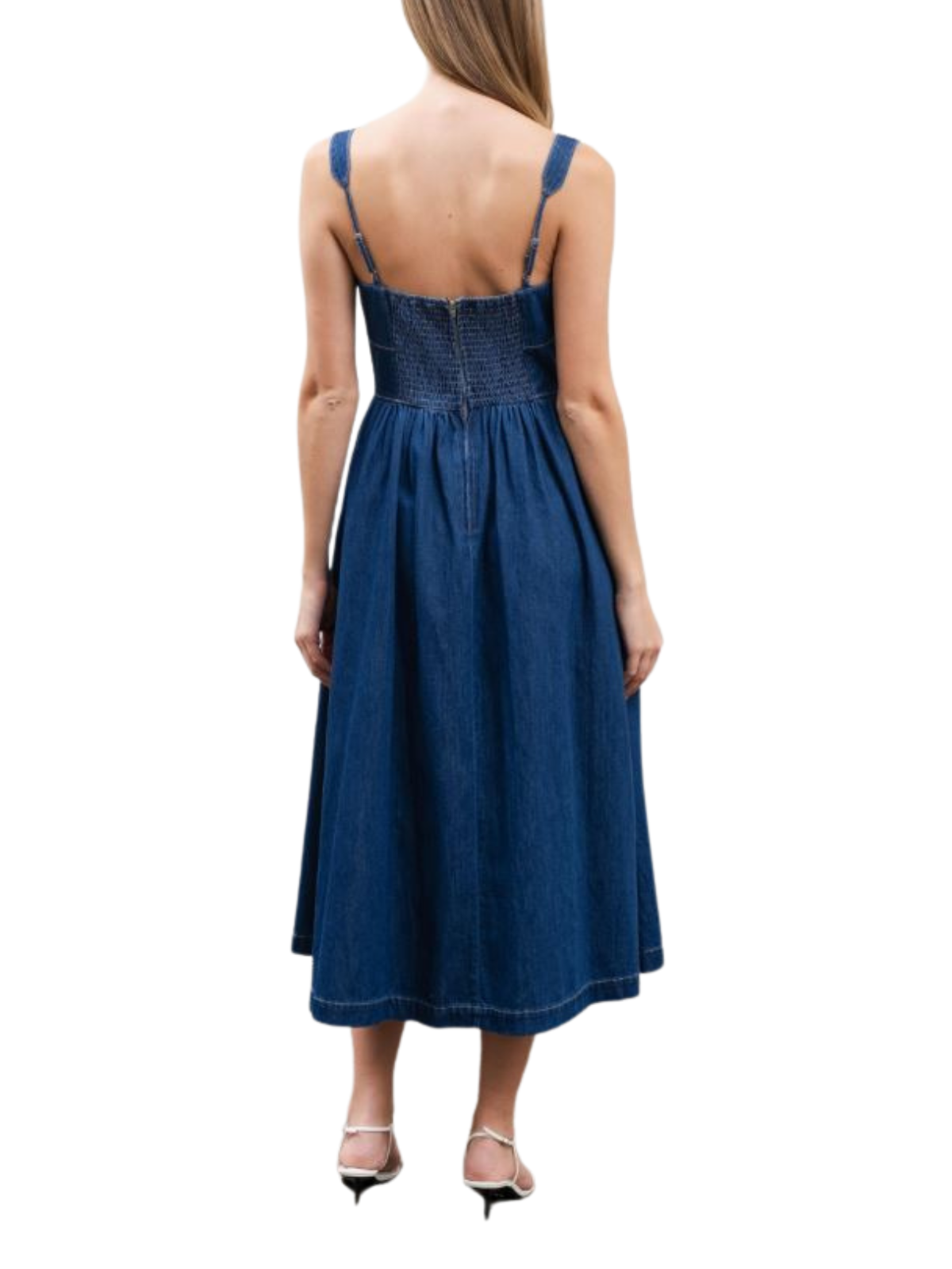 moon river denim dress Strap Bow Detail Denim Midi Dress