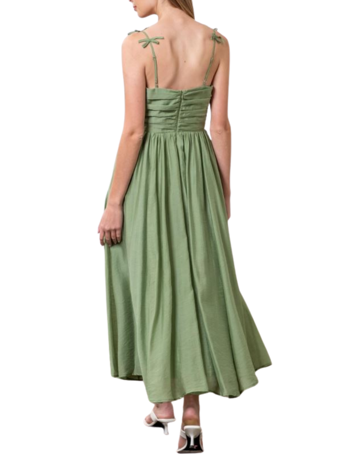 Strap Bow Detail Pleated Midi Dress The RiverLane Strap Bow Detail Pleated Midi Dress The RiverLane