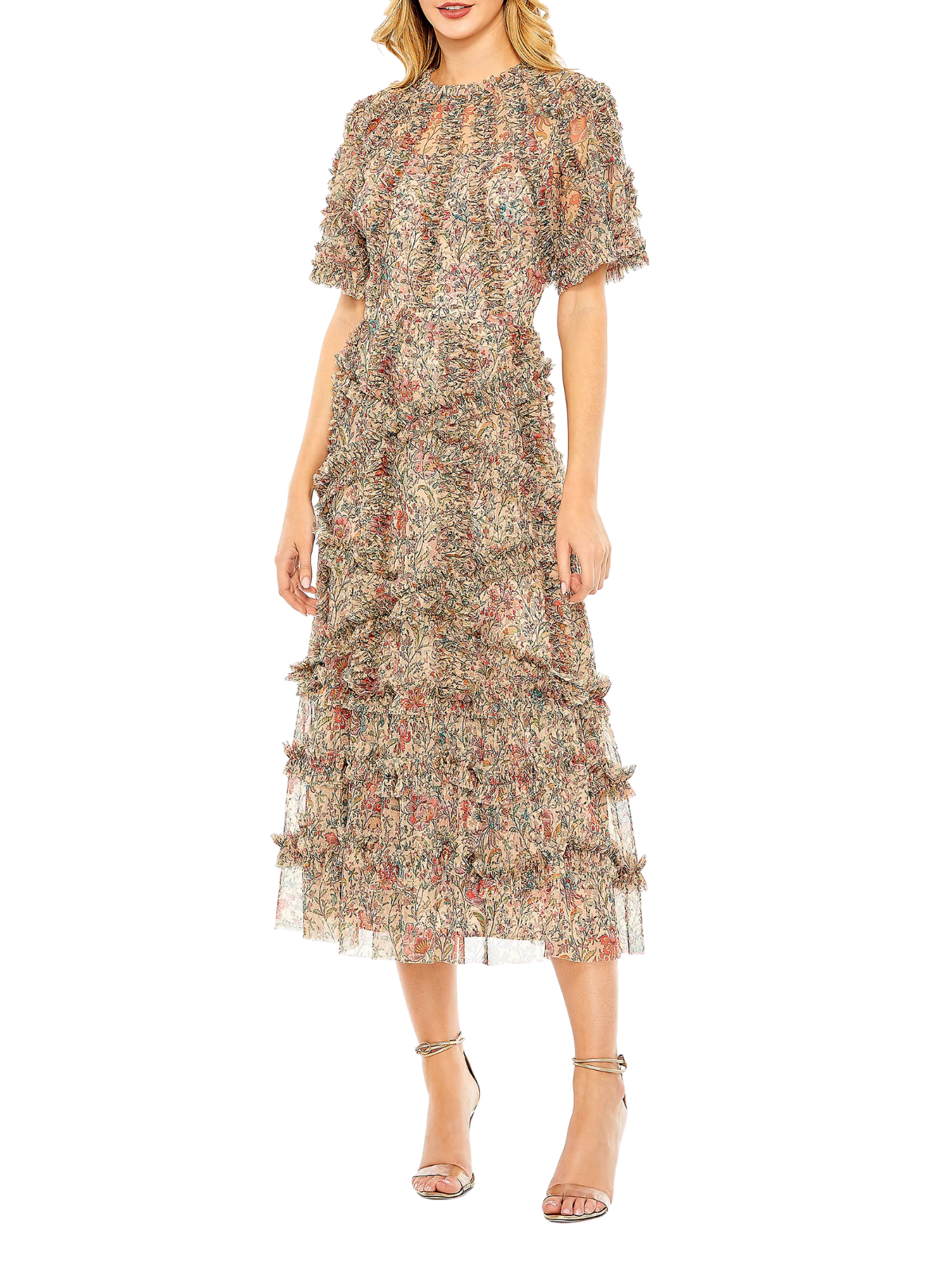 mac duggal floral flutter sleeve mesh print dress Mac Duggal - Illusion Floral Midi Dress with Ruffle Detailing