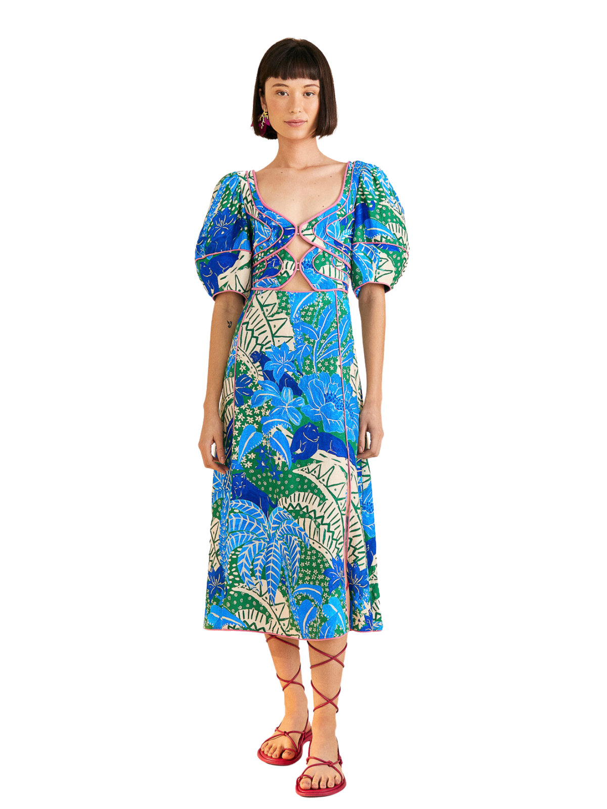 jungle print midi dress Maya Cotton Jungle Safari Midi Dress: Animal Block Print, Deep Neck