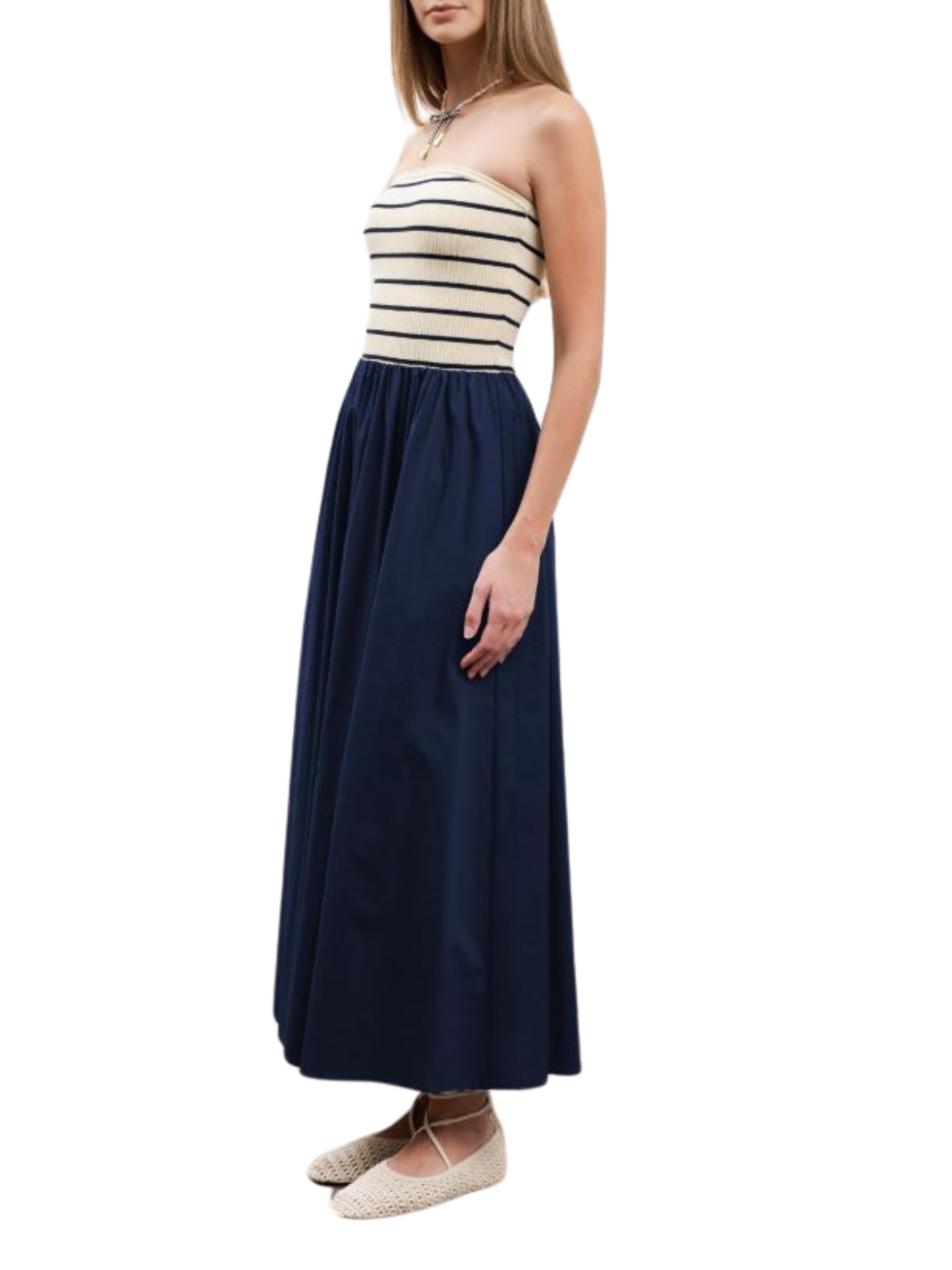 Strapless Striped Midi Sweater Dress The RiverLane Strapless Striped Midi Sweater Dress The RiverLane