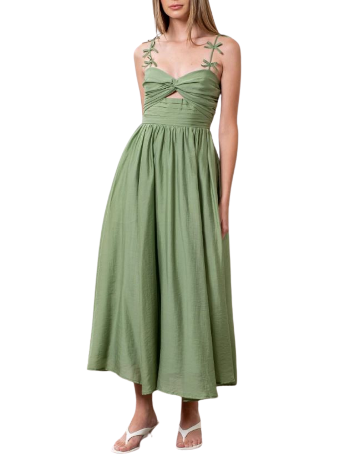 Strap Bow Detail Pleated Midi Dress The RiverLane Strap Bow Detail Pleated Midi Dress The RiverLane