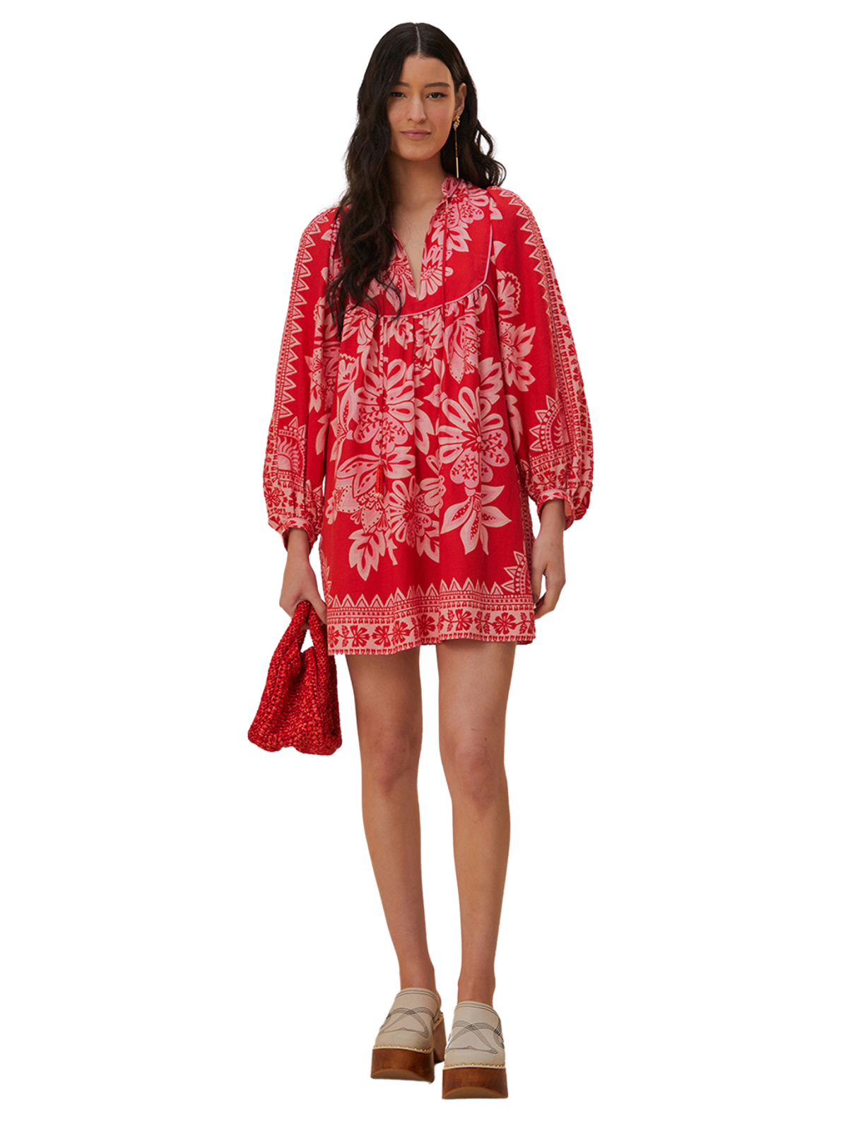farm rio flora tapestry red long sleeve mini dress FARM Rio Flora Tapestry Tapestry Red Mini-Dress